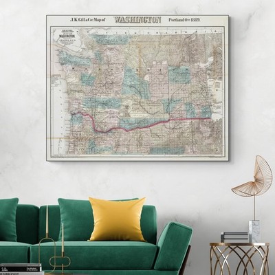 1889 Map of Washington State   Counties, Railroads, Rivers & Early Statehood
