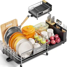 Dish Drying Rack, Expandable Stainless Steel Dish Rack with Drainboard Set Ki...