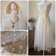 Vtg 50s Tulle Wedding Gown Original Veil And Handkerchief, Lace, Tea Dress