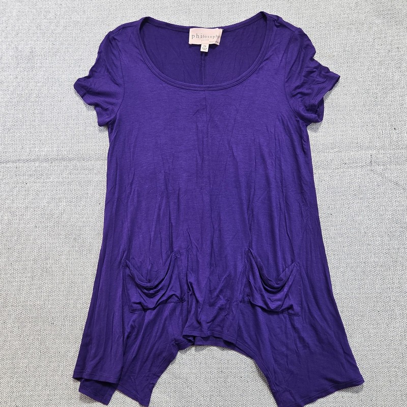 Philosophy Blue Short Sleeve Tunic Top with Front Pockets Size PS Round Neck