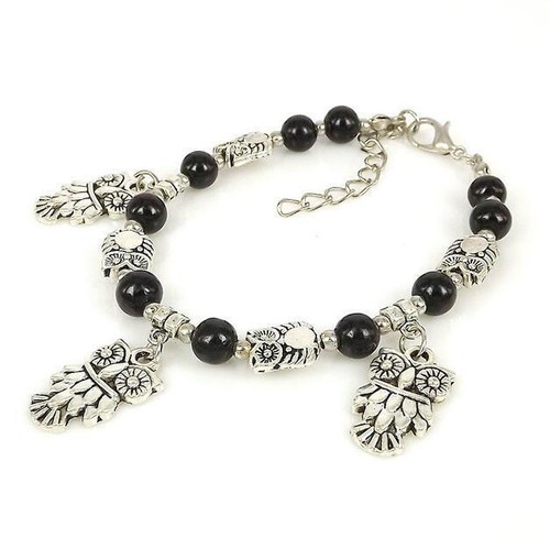 Ladies Tibetan Silver Owl Bracelet Black Bead Bangle Woman Bracelet