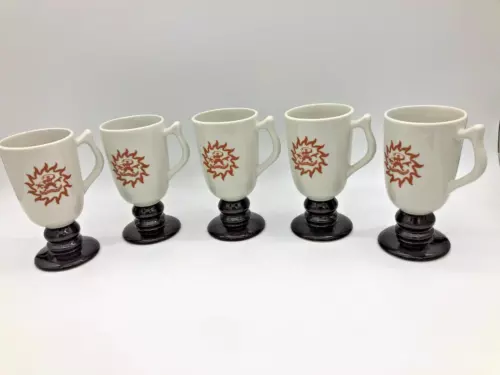 Set of 5 Vintage Hall Ceramic Footed Gaucho Mugs Brown, White Made in USA #1273
