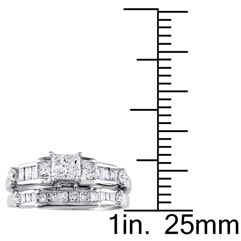 Juego de anillos nupciales de tres piedras de diamantes de 1 quilate TW de oro blanco de 14 k Amour Foto 3 de 4