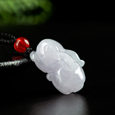 Jade Jadeite Rabbit3D Carved Pendant Necklace ChineseZodiac AnimalCharm GoodLuck