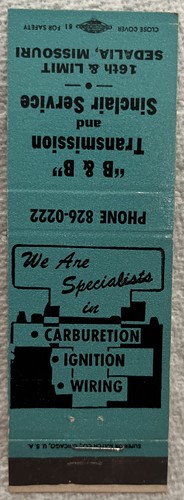 Vintage Matchbook Cover! B&B Transmission Service! Sedalia, Missouri! Oc383 - Picture 1 of 3