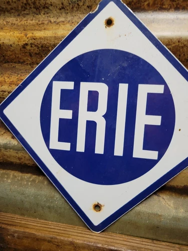 VINTAGE ERIE PORCELAIN SIGN OLD TRAIN CONDUCTOR RAILROAD RAILWAY TRANSIT PLAQUE
