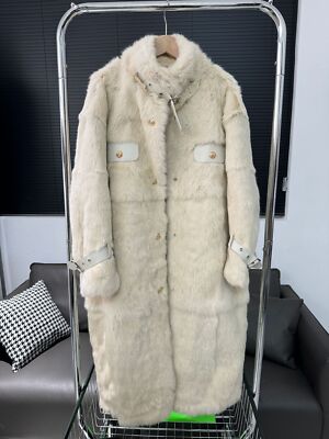 Western Real Rabbit Fur Womens Stand Collar Mid Long Trench Coat