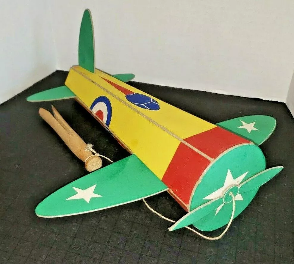 1940 Colorful Heavy Cardboard Childs Toy Airplane On String Old