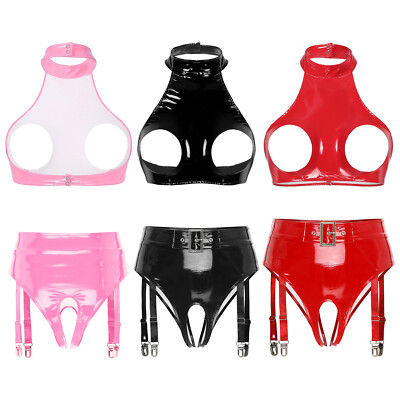 Damen Dessous Set Sexy Unterwäsche Anzüge 2-teilig Nachtwäscheanzug Kunstleder