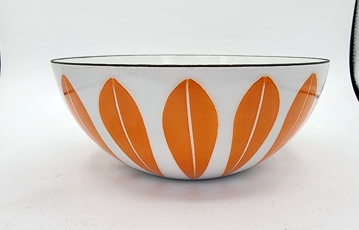 Vintage Cathrineholm 8” White Orange Enamel Lotus Bowl MCM 