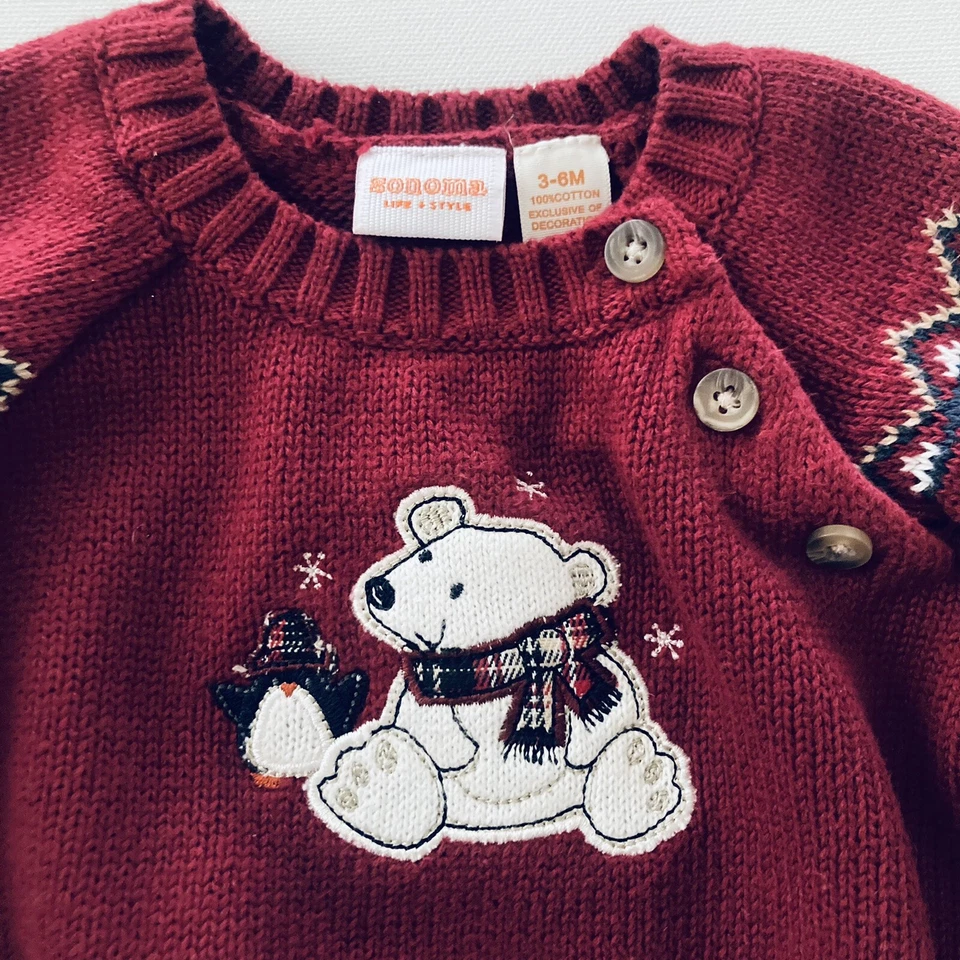 Suéter Sonoma Bebé Niño 3-6 Meses Rojo Oso Polar Pingüino Feria Isla Vacaciones Foto 2 de 4