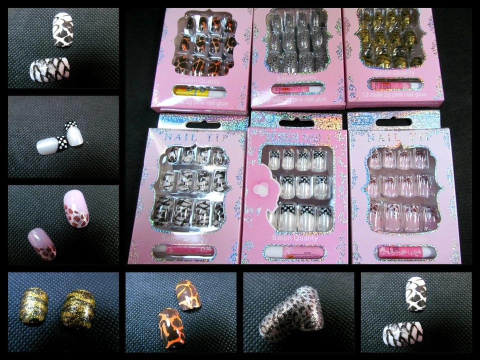 12 FALSE FULL FRENCH NAILS ANIMAL ZEBRA LEOPARD PRINT SPOTTED PINK FREE UK P&P