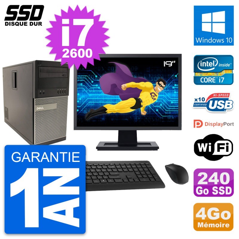 PC Tour Dell 790 MT Ecran 19" Intel i7-2600 RAM 4Go SSD 240Go Windows 10 Wifi