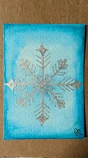 ACEO Original Watercolor / mixed media. Silver Snowflake on blue. Hand painted