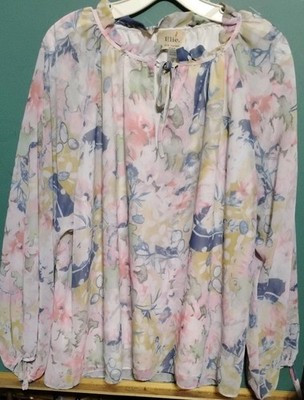  Elie Tahari Womens Blouse Top Size 2X Ivory Floral Ruffled Neck