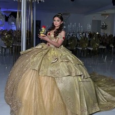 Golden Victoria Quinceanera Dress with Off Shoulder Lace Up Decal Lace Ball Gown
