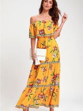 Lulu's Golden Yellow Floral Off-Shoulder Maxi Dress