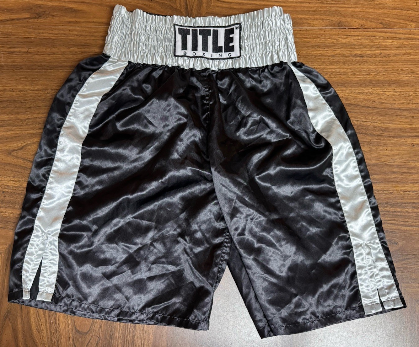Title Boxing Classic Satin Fight Trunks Black Silver … - Gem