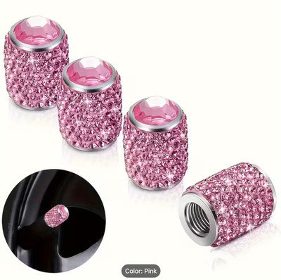 4pcs Bling Tire Valve Stem Caps Rhinestone Crystal Car Wheel Air Caps Pink