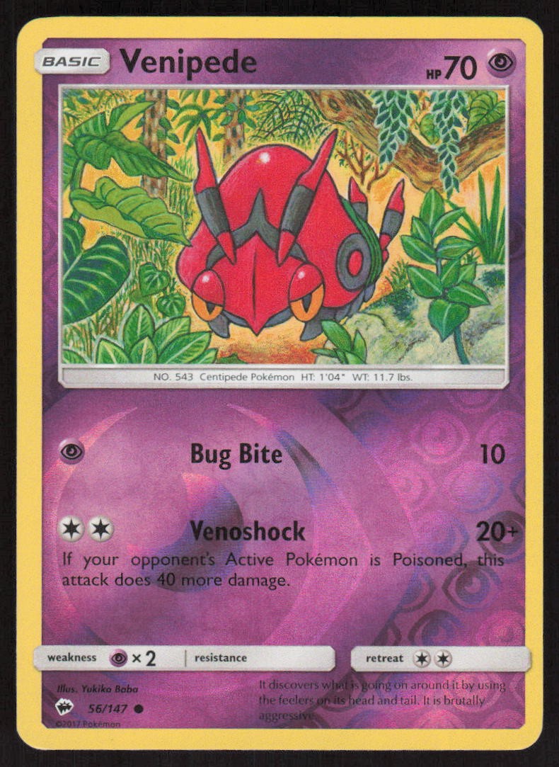 Pokemon Venipede Common 56/147 SM - Burning Shadows Reverse Holofoil NM