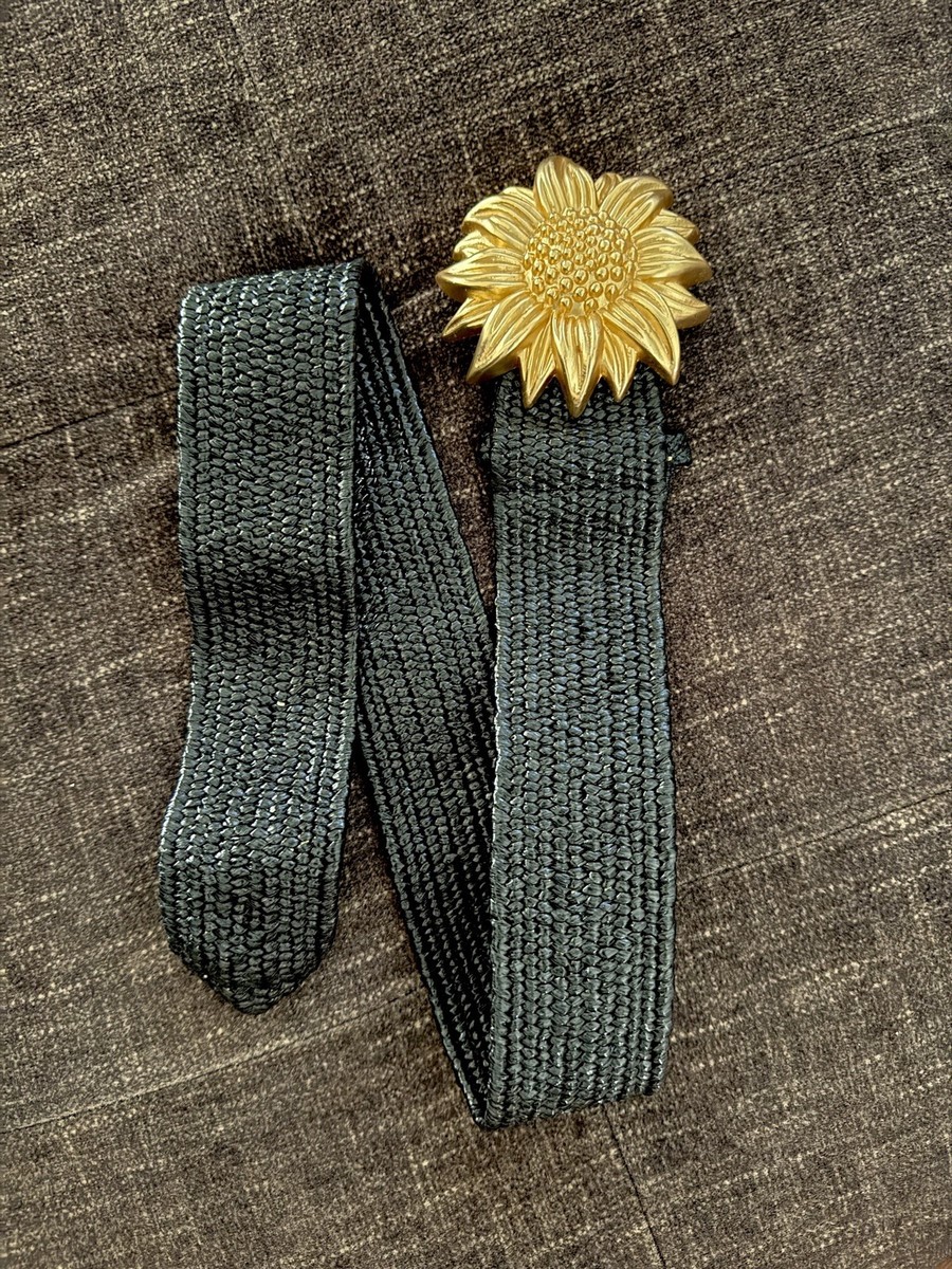 v i n t a g e :: Woven Boho Metallic Sunflower Buckle Stretch Belt Embossed Sunflower Leather Belt: Western Boho Style With  main image 4