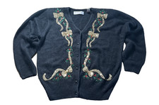 Karen Scott VTG Black Silk Angora Lambswool Christmas Sequin Beaded Cardigan PL