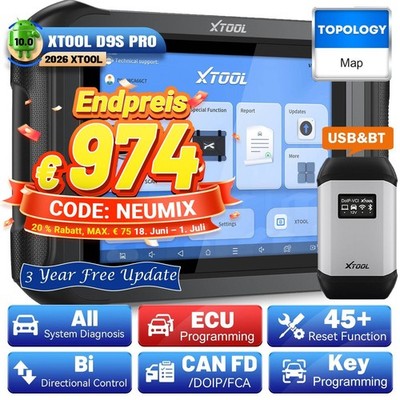 XTOOL D9S PRO OBD2 Diagnosegerät ECU Programmier Topologie-Mapping Scanner FCA