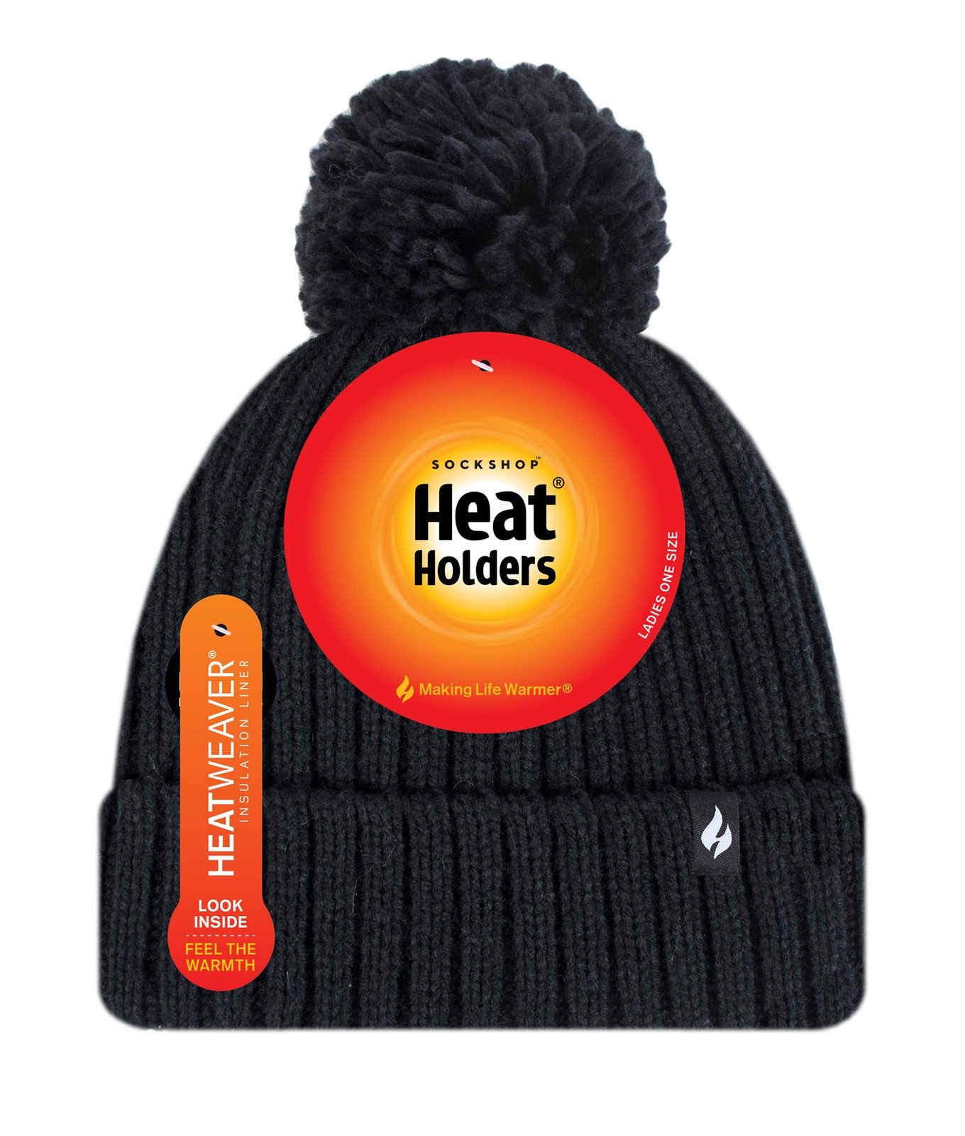 Heat Holders Arden Ladies Ribbed Hat & Pom Black