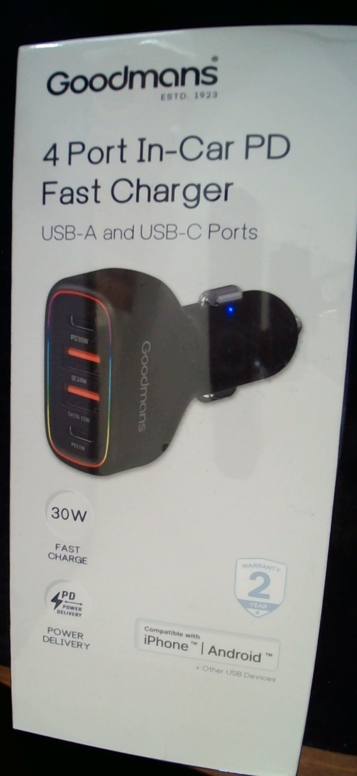 Goodmans 4 Port In-Car PD Fast Charger. 30W Power Delivery. USB-A & USB-C Ports.