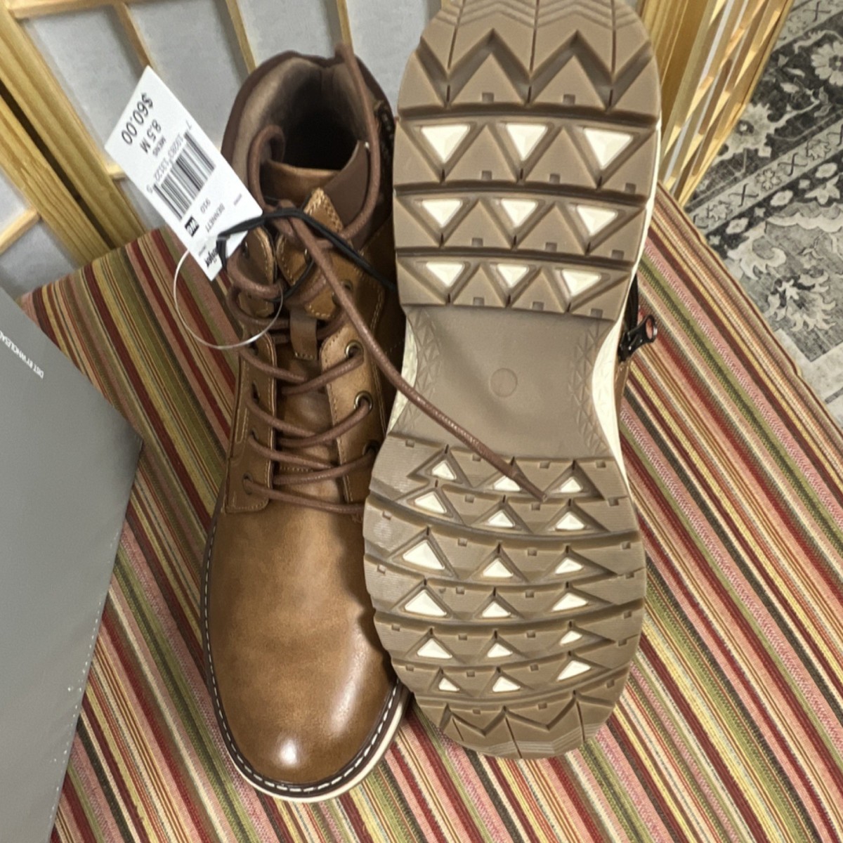 Men\'s Tan Leather Ankle Boots Lace Up Round Toe Rubber Sole Size 8.5 M Evolutions Men main image 4