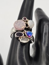 Sajen Sterling Silver Multi Gemstone Ring Druzy Moonstone Amethyst Garnet Size 8