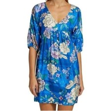 NEW Johnny Was Blue Dove A-line Coverup Tunic Dress Mini Floral Silk Flowy Sz L