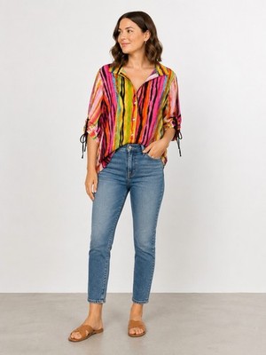 John Mark Art to Wear Tunic Blouse M Mixed Print Floral Geometric Wired Collar