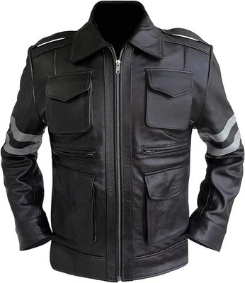 Zee Mens Resident Evil 6 Leon Kennedy Black Genuine Leather Biker Jacket