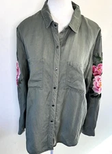 Rails Marcel Women's Medium Top/Shirt Linen BlendEmbroidered Sleeves Pearl Snap