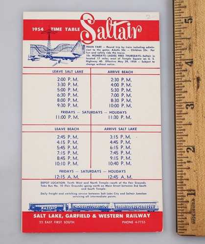 Vintage 1954 Salt Lake Garfield & Western Railway Saltair Pocket Timetable