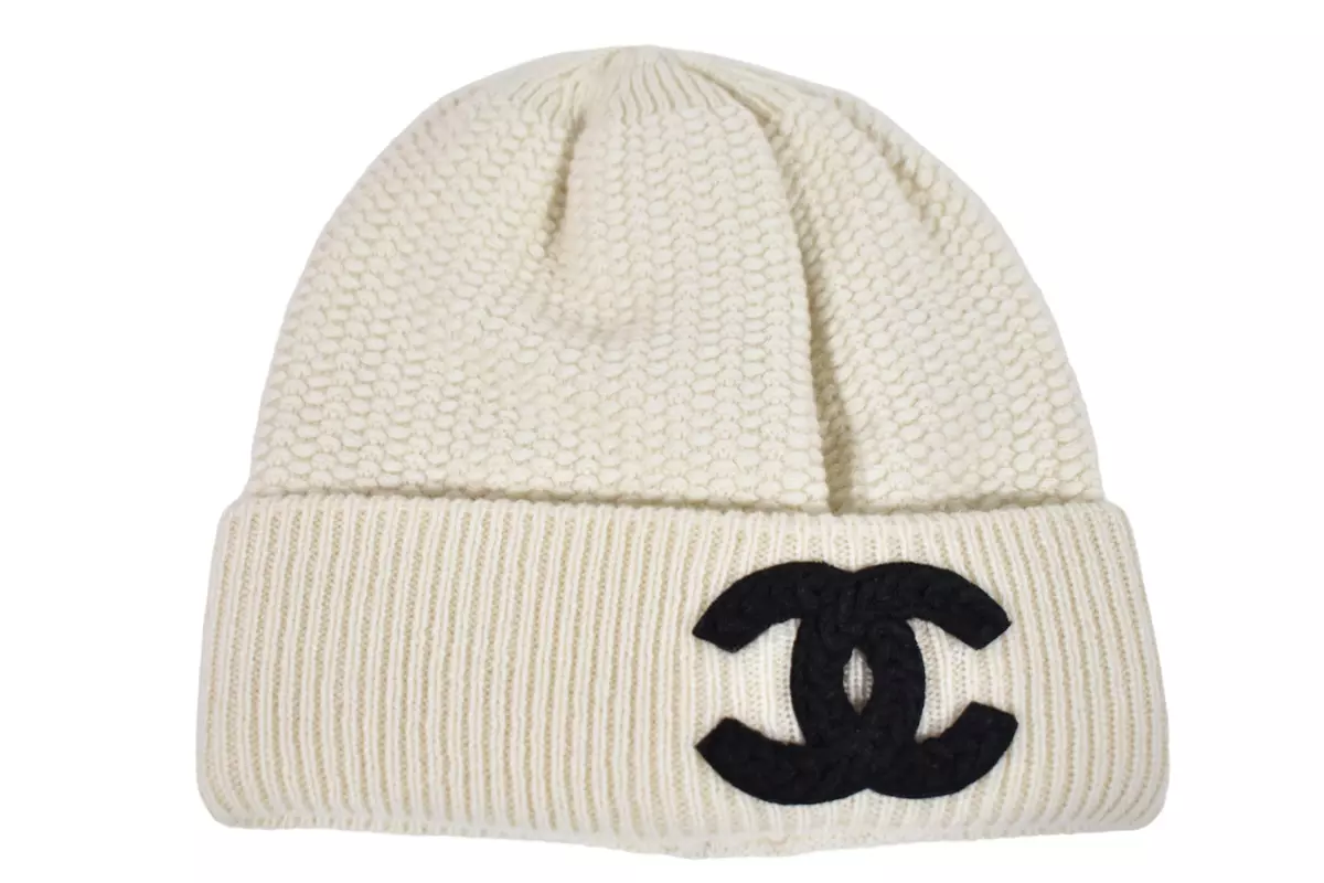 Chanel 23A Ivory Knit Cashmere Black CC Logo Fold Over Beanie Winter Hat  Cloche