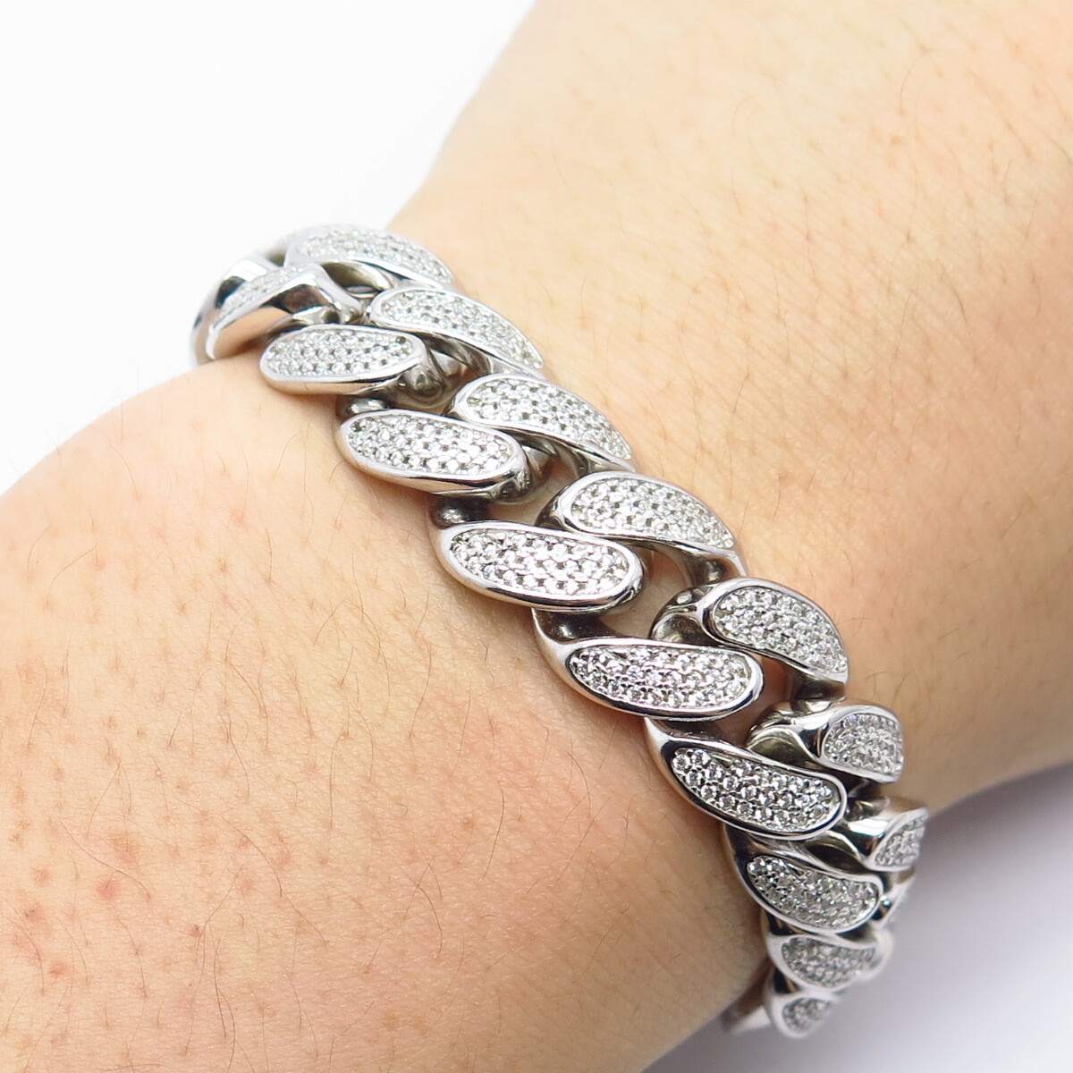 925 Sterling Silver C Z Cuban Link Bracelet 8.75