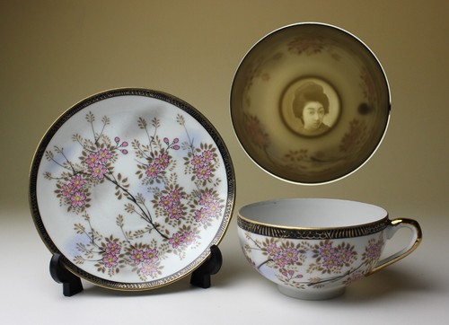 Sakura Cherry Blossom Lithophane Geisha Porcelain Cup and Saucer NEW Japan - Picture 7 of 57