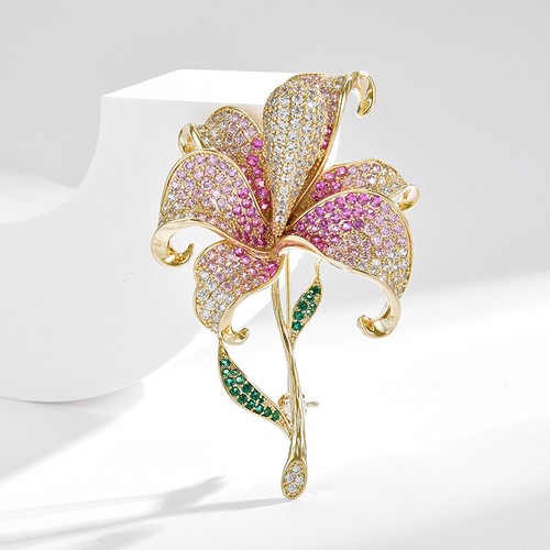 Cubic Zirconia Micro Pave Lily Flower Brooch Pin Floral Lapel Pin Jewelry Gift - Picture 3 of 6