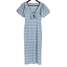 Urban Outfitters Picnic in the Park Crinkle Tie Front Midi Dress XS Blue White