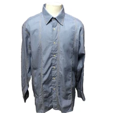 Ike Behar Men's Size L Pinstripe Blue Cotton Embroidered Casual Dress Shirt