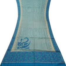 Namaste Vintage Teal Sarees 100 Pure Silk Printed Indian Sari 5YD Craft Fabric