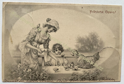 Postcard old postcard motif Easter around 1904 mother child hen Easter egg