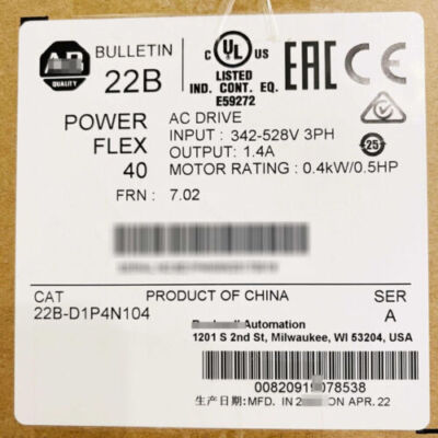 Allen Bradley 22B-D1P4N104 Powerflex 40 0.4KW 0.5HP AC Drive 22B-D1P4N104 