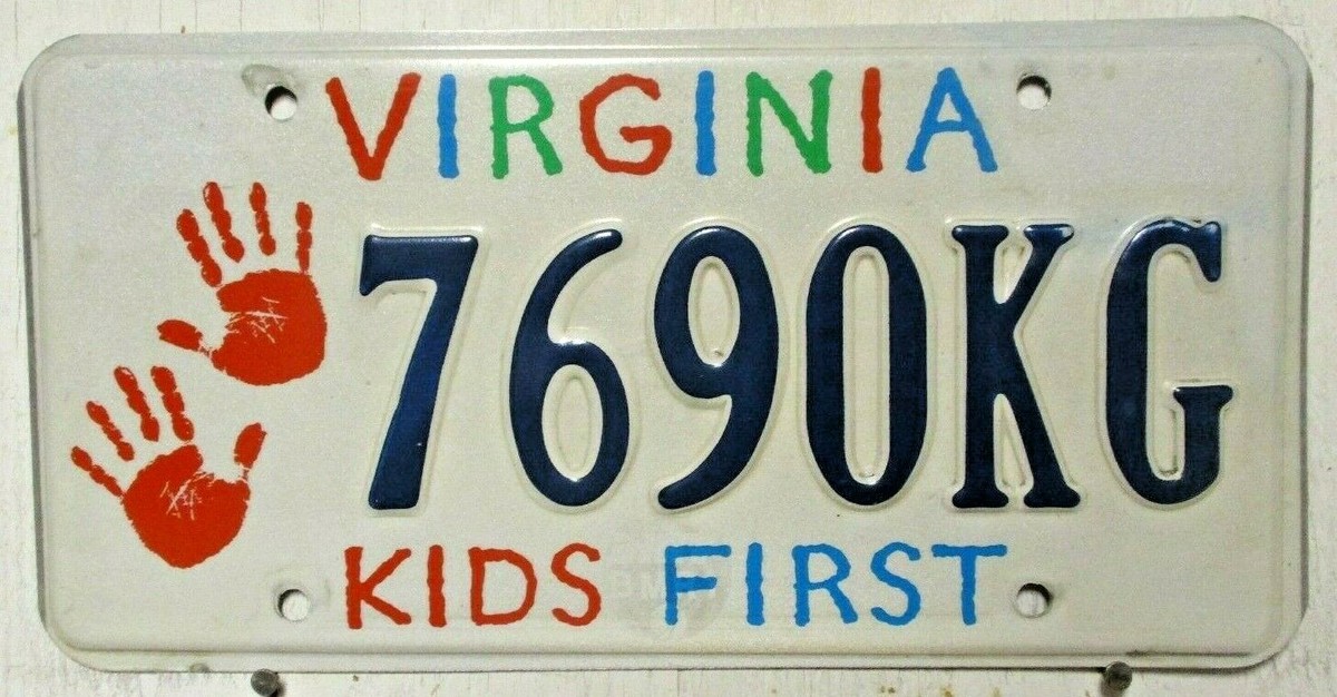 VIRGINIA license plate tag 7690KG KIDS FIRST red blue green letter