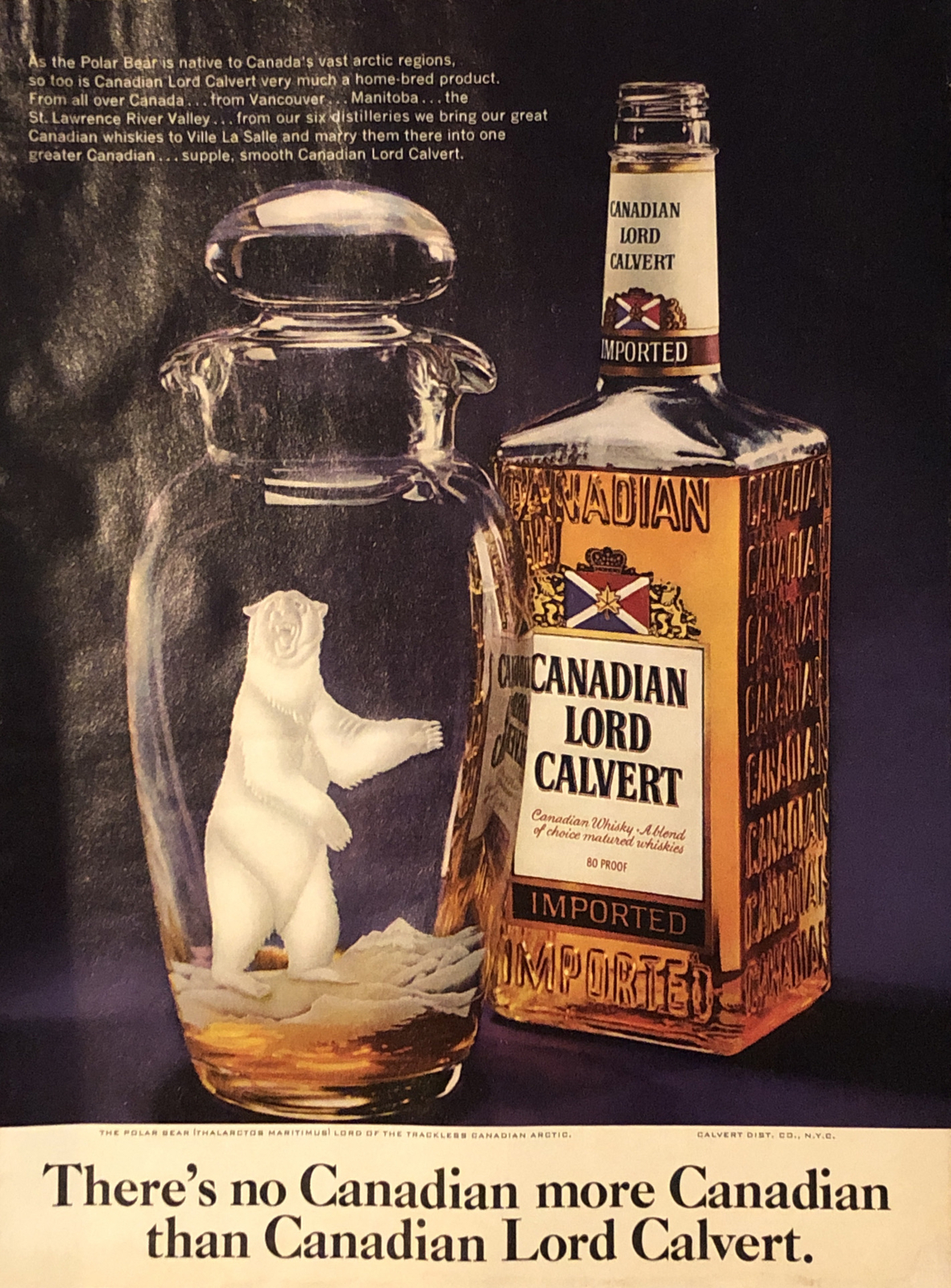 1974 Canadian Lord Calvert Whisky PRINT AD Arctic Polar Bear Decanter VTG 1970s