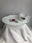 Vintage Federal Milk Glass Snack Plate & Cup Set Red Rose Snack Dessert Tea