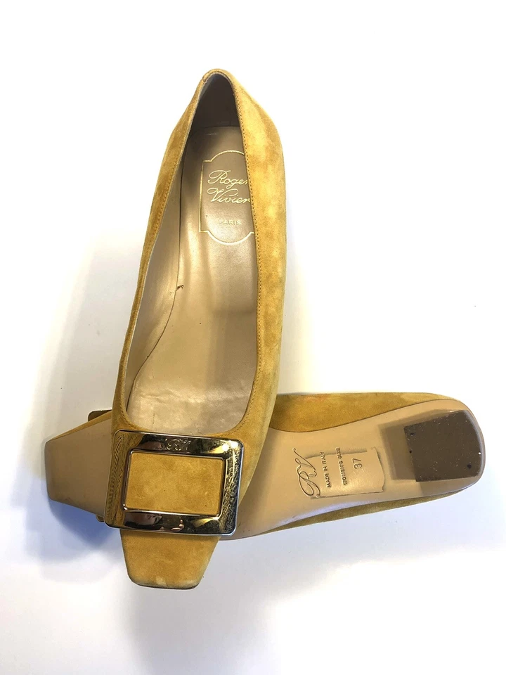 Auténticos zapatos ROGER VIVIER amarillo gamuza logotipo clásico talla 37 venta al por menor $695 Foto 2 de 4
