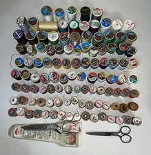 Lot Of 100+ Vintage Sewing Thread wooden spools.  Various Sizes Brands Scissors